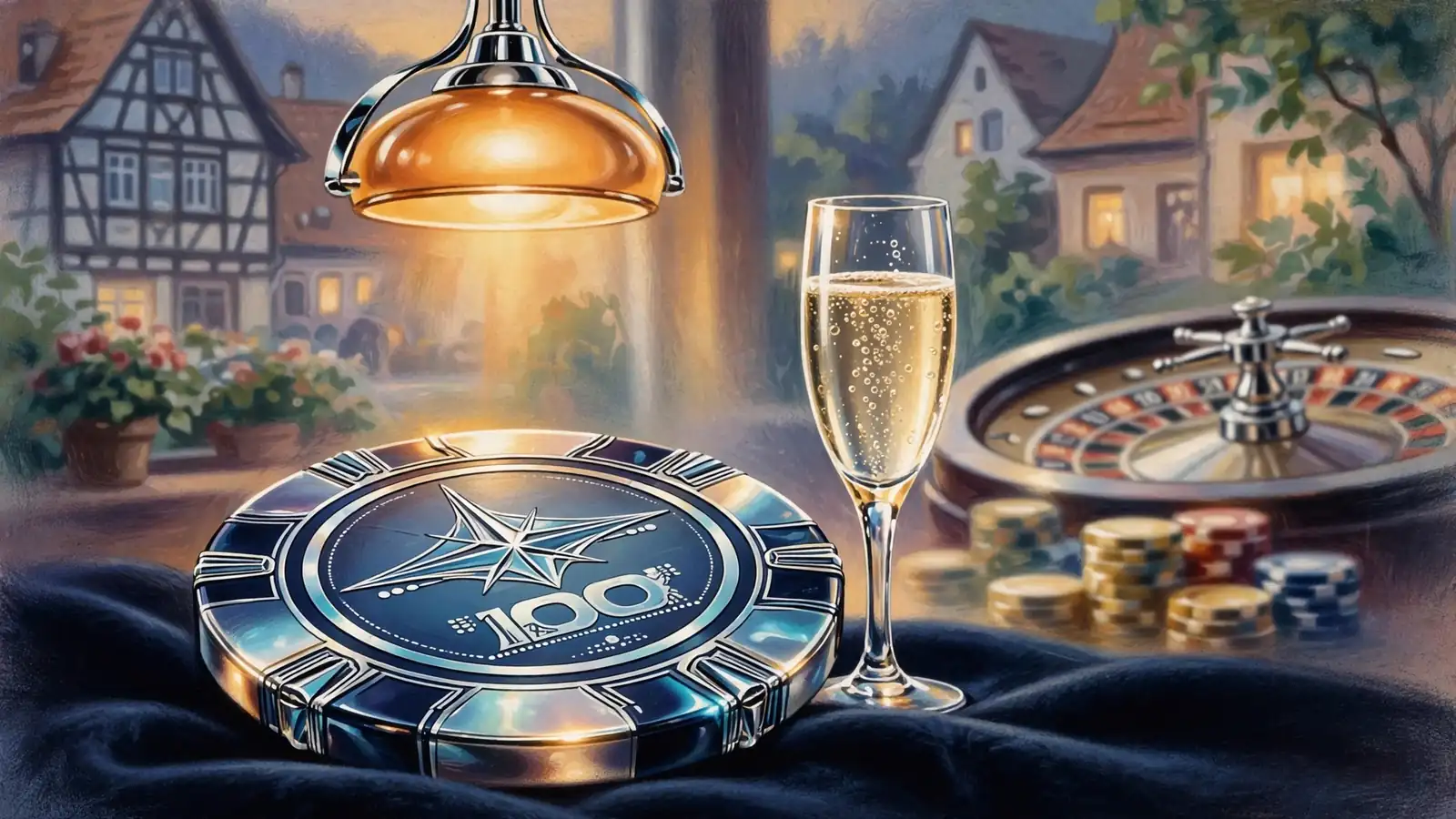 Casino-Chip und Sektglas auf Samtunterlage in warmem Ambientelicht