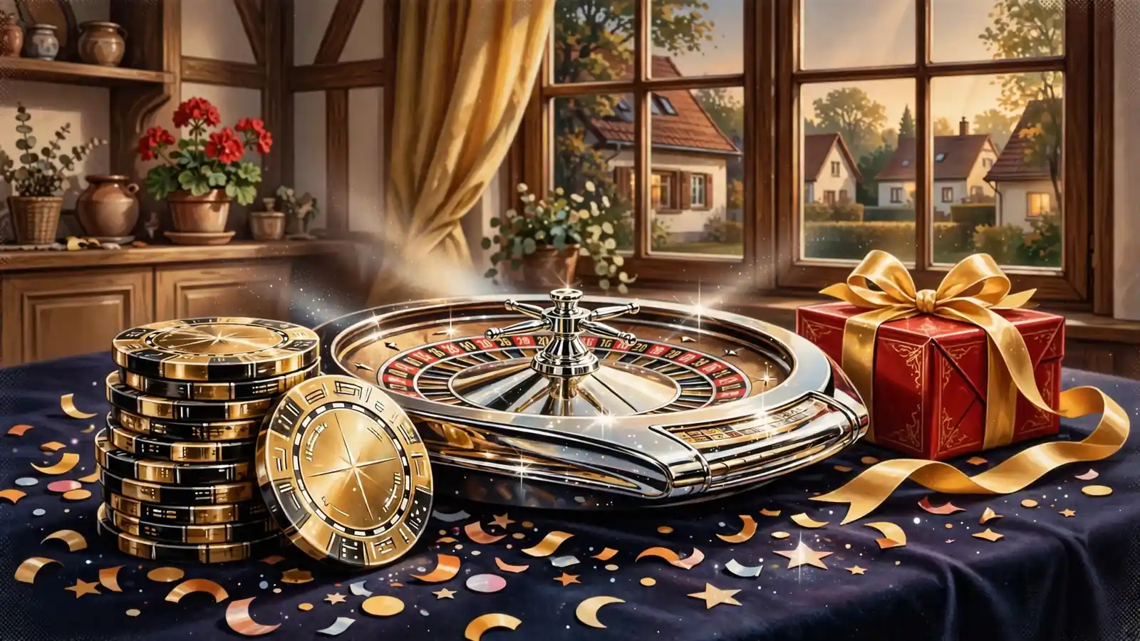 Casino-Chips, Roulette und Geschenkbox auf einem Tisch