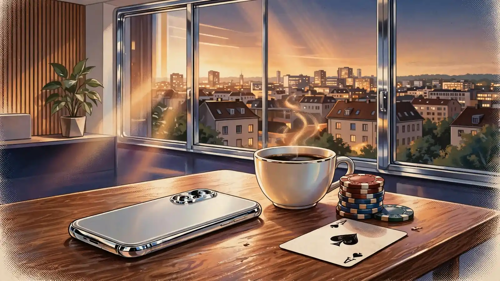 Smartphone auf Holztisch mit Casino-Chips und Spielkarte, warmes Abendlicht in moderner Wohnung