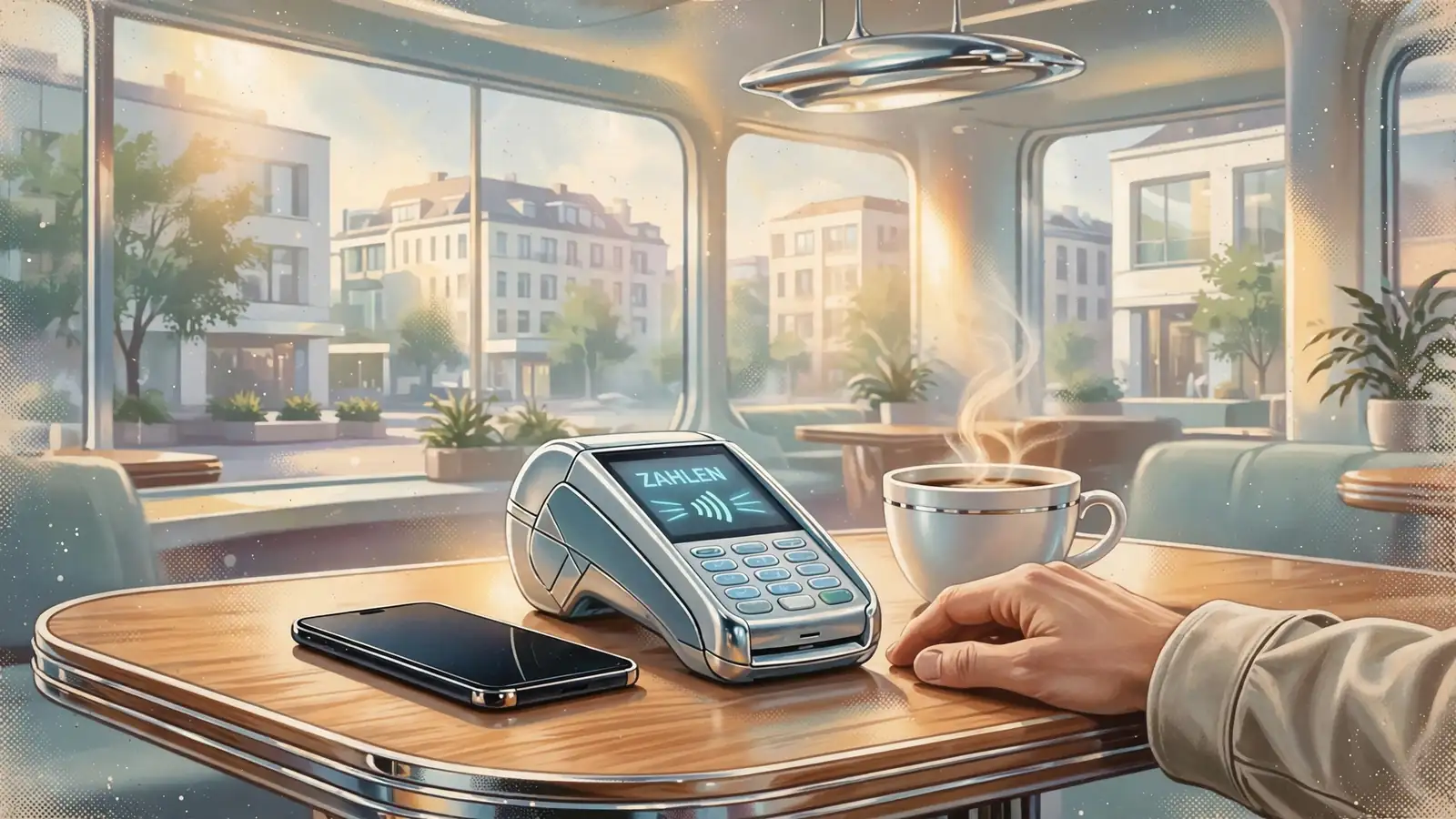 Smartphone neben einem kontaktlosen Bezahlterminal auf einem Tisch
