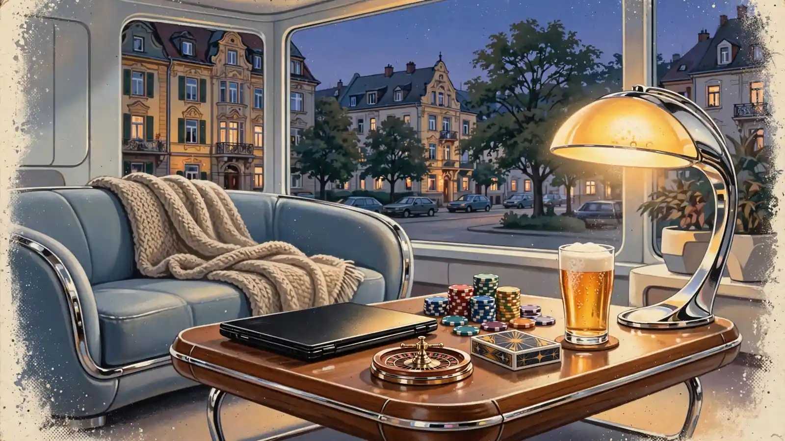 Modernes deutsches Wohnzimmer am Abend mit Pokermünzen, Spielkarten und Roulette auf dem Tisch
