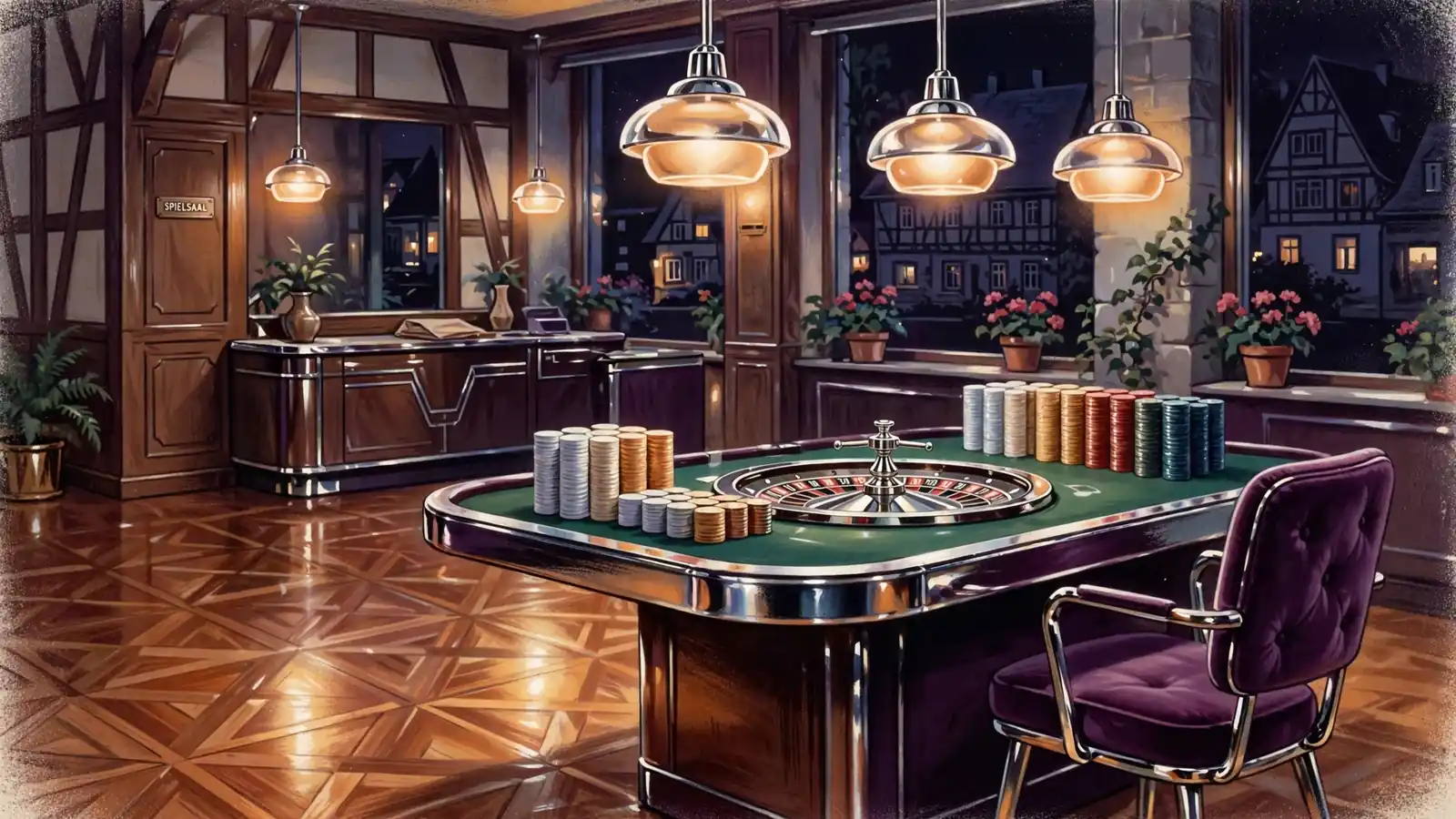 Stiller deutscher Spielsaal mit Roulettetisch und Chip-Stapeln bei Nacht.