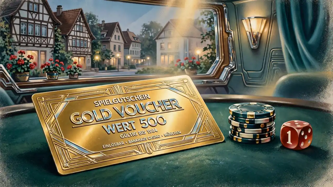 Goldener Casino-Gutschein mit Spielchips und Würfel auf grünem Filz