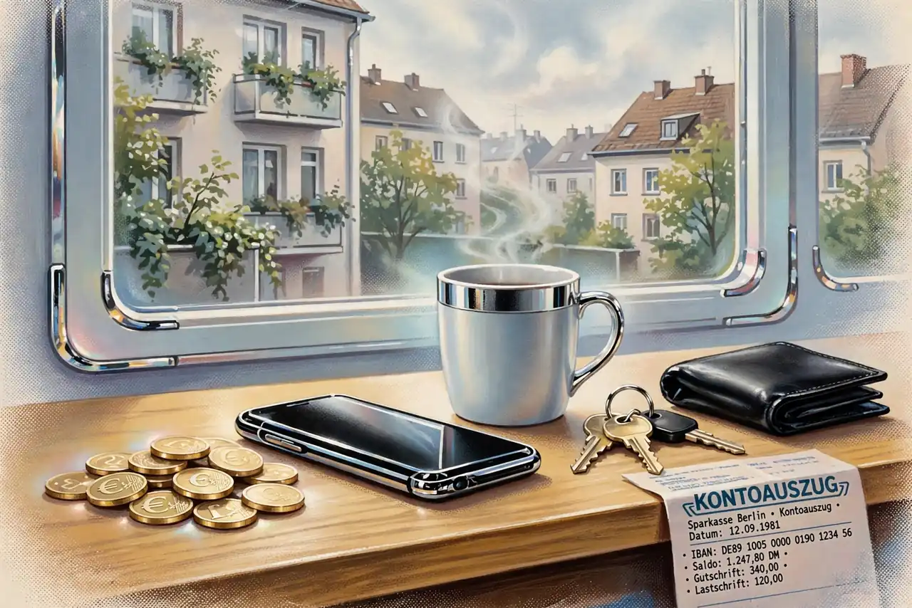Ein-Euro-Münzen neben einem Smartphone auf einem Holztisch, deutsche Wohnung im Hintergrund.