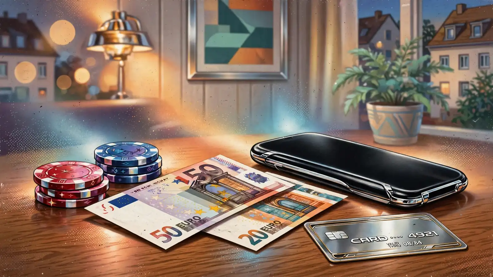 Casino-Chips, Euro-Banknoten und Smartphone auf einem Holztisch