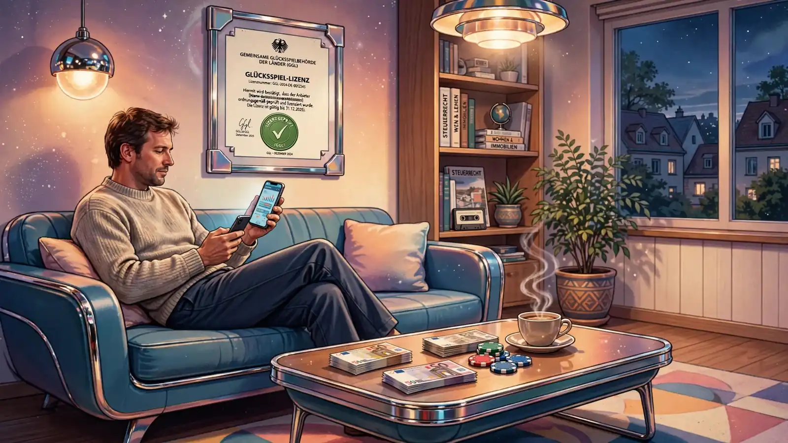 Person im deutschen Wohnzimmer mit Smartphone, Euro-Scheinen und Spielchips auf dem Tisch.