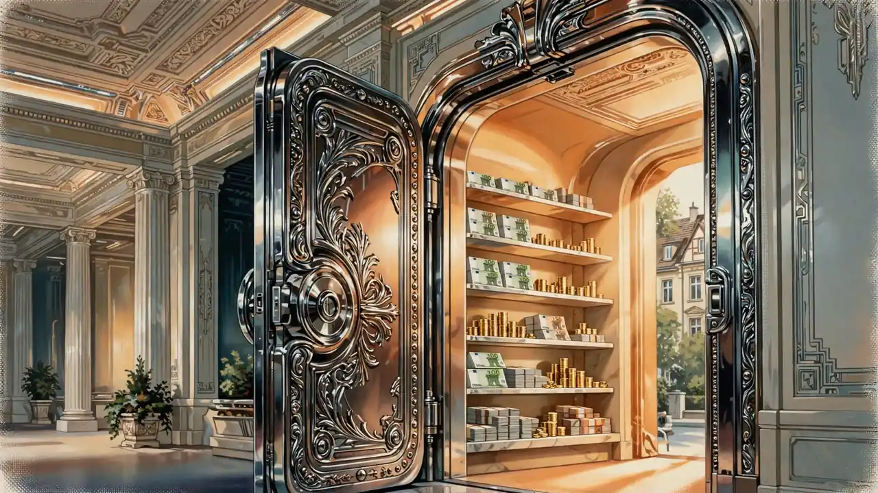 Geöffneter Tresor mit Euro-Scheinen und warmem Goldlicht in klassischem Interieur